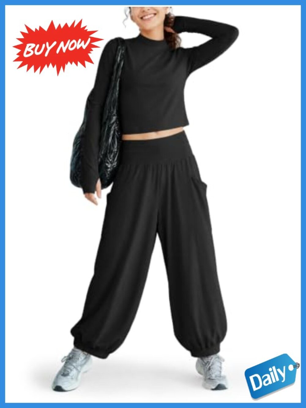 Women's 2 Piece Workout Set Cropped Mock Neck Top Harem Pants Activewear